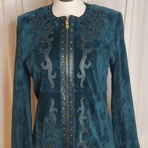 Linea by Louis Dell Olio• Vtg Western Cowgirl Teal Suede Leather Studded Jacket